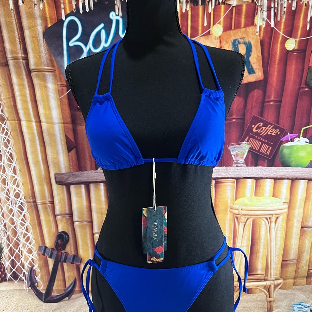 HISAGUHE Royal Blue Triangle Bikini Set | Small | Tie-Side Swim | NWT